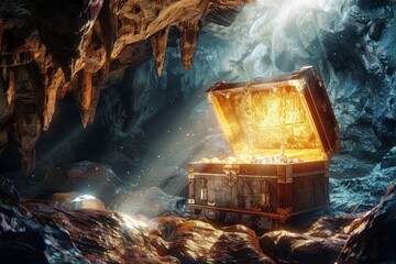 Sunbeam spotlighting an open treasure chest in a secret cave, jewels glinting inside