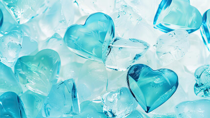 Transparent and blue glass hearts on a white background.