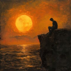 Sunsets gold bathes a pensive man on a cliff, his gaze lost in the horizon, the seas whispers his solace