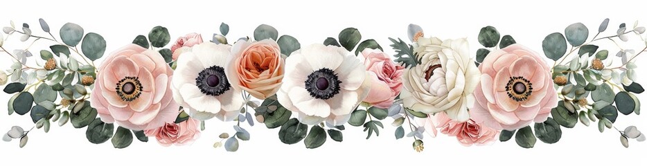Set of wedding flower arrangements with dusty pink roses, white anemones and eucalyptus leaves isolated on white background cutout, concept art, pastel colors, white flowers.