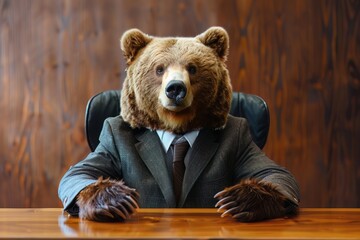 The bear in an economic debate, dressed in a scholarly suit, presenting cautious market perspectives - obrazy, fototapety, plakaty