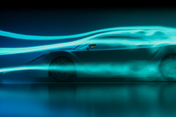 Dynamic Night Drive: Futuristic Sports Car Captured in High-Speed Light Trails - obrazy, fototapety, plakaty