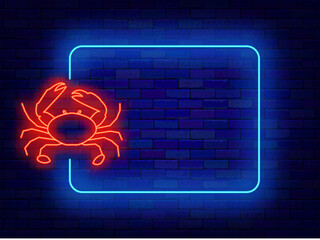 Seafood shop neon announcement. Empty blue frame and crab symbol. Healthy food sign. Copy space. Glowing flyer. Editing text. Vector stock illustration - obrazy, fototapety, plakaty