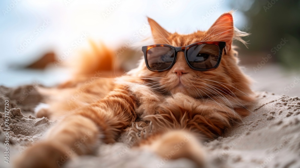 Wall mural portrait of relaxed, funny red fluffy cat in sunglasses sunbathing at seaside resort, chilling and l