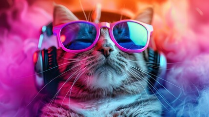 Tune in, whiskers, a joyful cats music moment for a vibrant headphone poster - obrazy, fototapety, plakaty