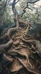 Twisted roots embodying the complex paths to understanding, gnarled with challenges and triumphs