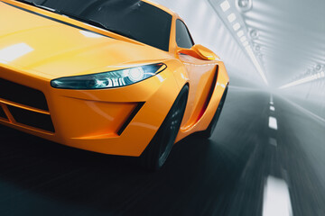 Sleek Orange Sports Car Speeding Through a Vibrantly Lit Urban Tunnel