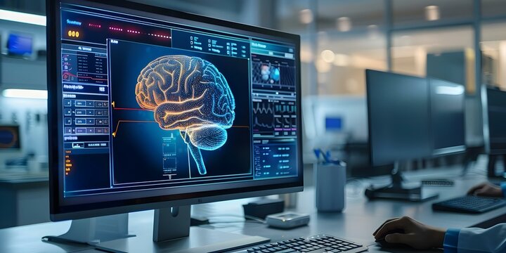Innovative Brain Scan Medical Diagnosis Displayed on Computer Monitor. Concept Medical Imaging Technology, Brain Scan Analysis, Computer Monitoring Systems, Healthcare Innovations