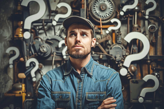 Pensive man with arms crossed surrounded by question marks in a mechanical workshop