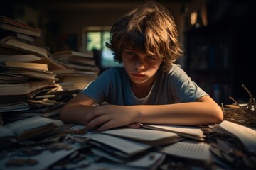 Fototapeta na wymiar A young boy is sitting at a table with a pile of papers in front of him