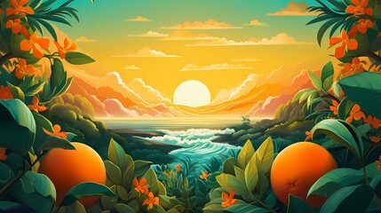 Immerse yourself in a dynamic sunrise gradient background, as vibrant oranges dissolve into soothing greens, offering an animated setting for graphic designs. - obrazy, fototapety, plakaty