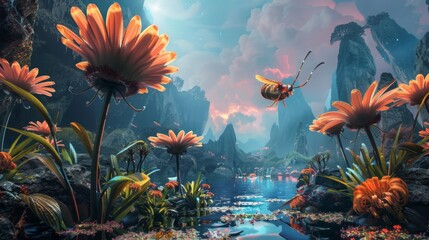 Obraz na płótnie Canvas Flowers and Bee in Flight