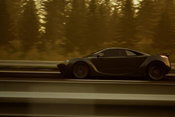 Exquisite Sports Car Racing Down Highway at Sunset - A Vision of Elegance - obrazy, fototapety, plakaty