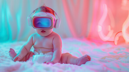 Obraz na płótnie Canvas Friendly and modern diaper baby in headphones and virtual reality glasses on soft color background.