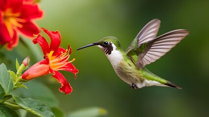 Hummingbird green crowned brilliant flying next to beautiful red flower