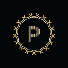 Golden and white vector frame with letter P