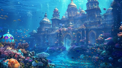 An underwater kingdom , with coral palaces adorned with precious gems and pearls, and schools of vibrant fish swimming through the crystal-clear waters.

 - obrazy, fototapety, plakaty