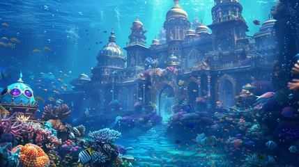 Stoff pro Meter An underwater kingdom , with coral palaces adorned with precious gems and pearls, and schools of vibrant fish swimming through the crystal-clear waters.   © Fatima