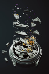 Intricate Exploded View of Mechanical Watch Components on Dark Background
