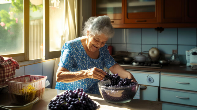 Gourmet Tradition: Elderly Woman Preserving Grape Jam