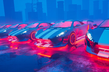 Neon-Lit Concept Sports Cars Line Up in Urban Twilight: A Futuristic Display - obrazy, fototapety, plakaty