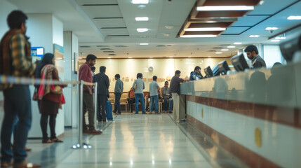 Urban Indian Bank Interior: Queue at Teller Station