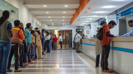 Dynamic Indian Bank Teller Area: Patrons Waiting in Line