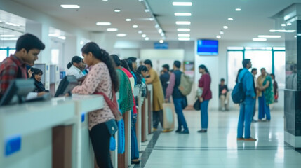 Vibrant Bank Tellers in India: Busy Customer Queue