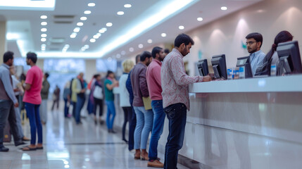 Indian Bank Service: Customers Lined Up at Teller Station - obrazy, fototapety, plakaty