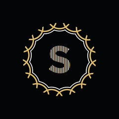 Golden and white vector frame with letter S