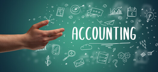 Close-Up of cropped hand pointing at business inscription