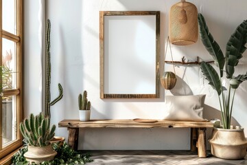 Stylish Living Room Interior with Mock-Up Poster Frame and Nature-Inspired Decor