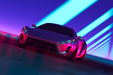 Sleek Sports Car Illuminated by Vibrant Neon Lights in Dynamic Night Cityscape - obrazy, fototapety, plakaty