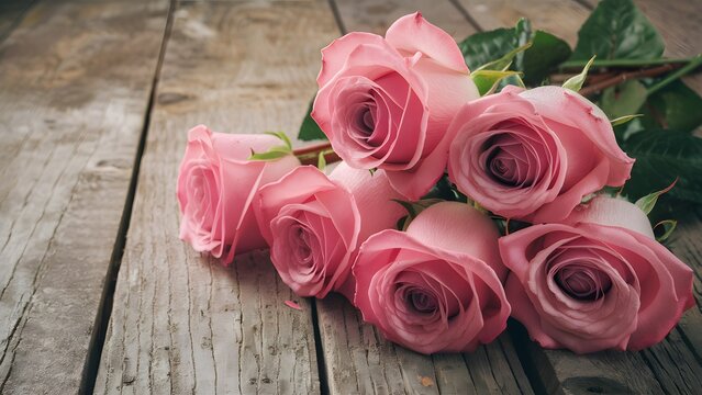 Image Valentines Day background with pink roses over wooden table