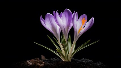 Image Violet crocus spring flower isolated on black background, striking image