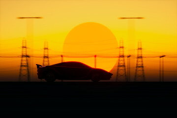 Fototapeta na wymiar Majestic Sunset Silhouette Sports Car Racing Against a Fiery Sky with Powerlines