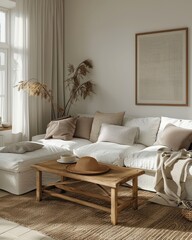 Cozy Scandinavian Classic Living Room with Mock-Up Poster Frame