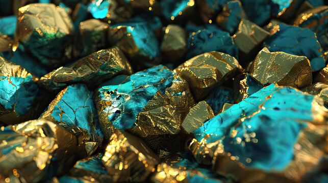 a close up of many turquoise and gold rocks, fantasy art style, gold foil, detailed background elements, dark cyan and bronze colors