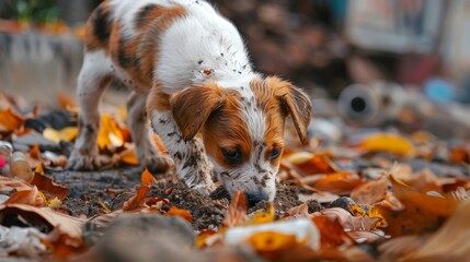 A young spotted stray dog is sniffing through fallen autumn leaves, possibly searching for food.