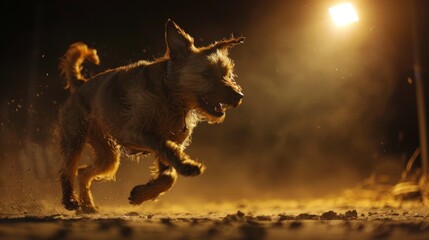 A dynamic stray dog is captured in full sprint, with the warm glow of sunset illuminating the dust around it. - obrazy, fototapety, plakaty