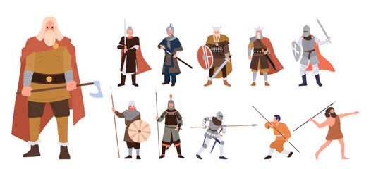 Ancient historic warrior military man soldier from different age history period vector illustration