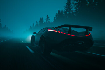 Fototapeta na wymiar High-Speed Luxury Sports Car Racing on a Highway at Twilight