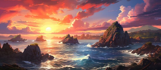 A stunning landscape painting capturing the beauty of a sunset over the ocean with rocks in the foreground, featuring a magnificent sky filled with cumulus clouds and a mountainous horizon at dusk - obrazy, fototapety, plakaty