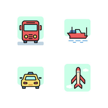 Various means of transport line icon set. Bus, ship, taxi, airplane. Vehicles concept. Can be used for topics like transportation, travel, road signs