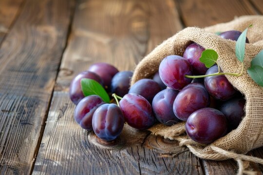 Heap of ripe purple plums in rustic jute sack on wooden table, fresh organic fruit harvest