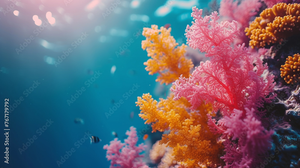 Wall mural Ocean coral reef background concept. Empty space on one side.