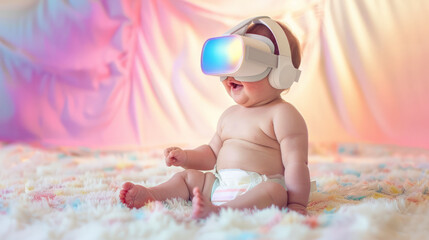 Friendly and modern diaper baby in headphones and virtual reality glasses on soft color background.