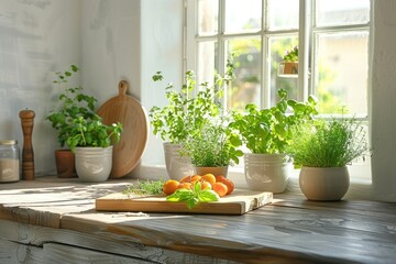 Fototapeta na wymiar Sunny Mediterranean Kitchen Breakfast Scene with Fresh Herbs