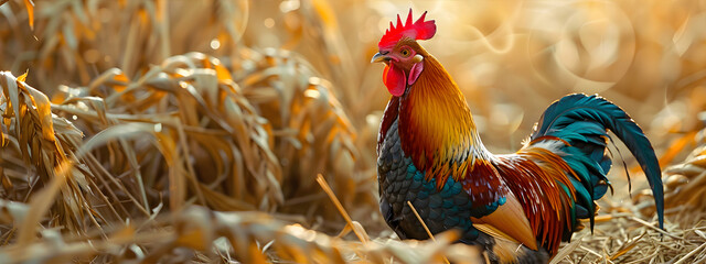 Colorful rooster on hay. Farm and agriculture concept. Banner for organic products. - obrazy, fototapety, plakaty