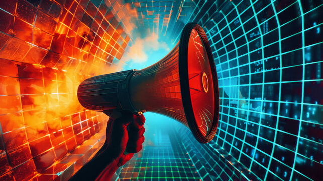 Hand holding megaphone in vibrant neon corridor